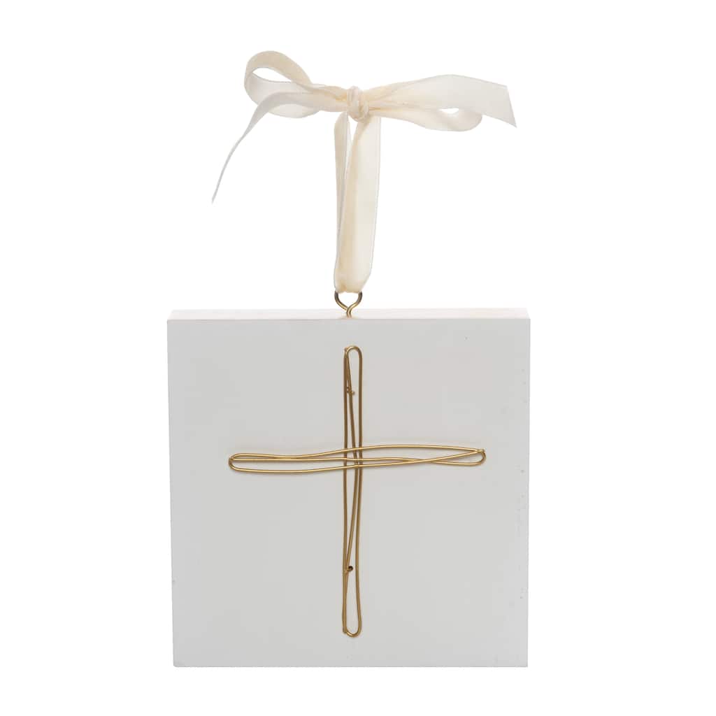 Transpac Wood 6.5 in. Off-White Christmas Cross Block Ornament