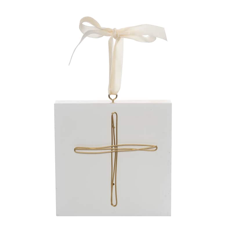 Transpac Wood 6.5 in. Off-White Christmas Cross Block Ornament