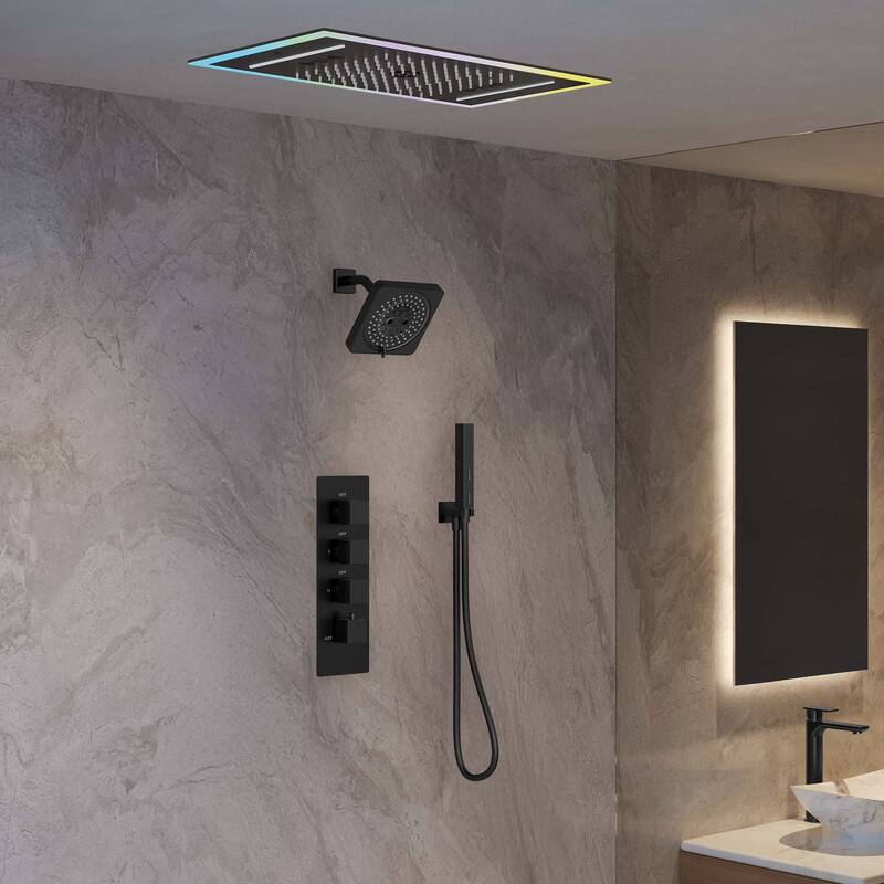 GRANDJOY Thermostatic LED Rain and Waterfall Shower System with Handheld, Ceiling-Mount Modern Design
