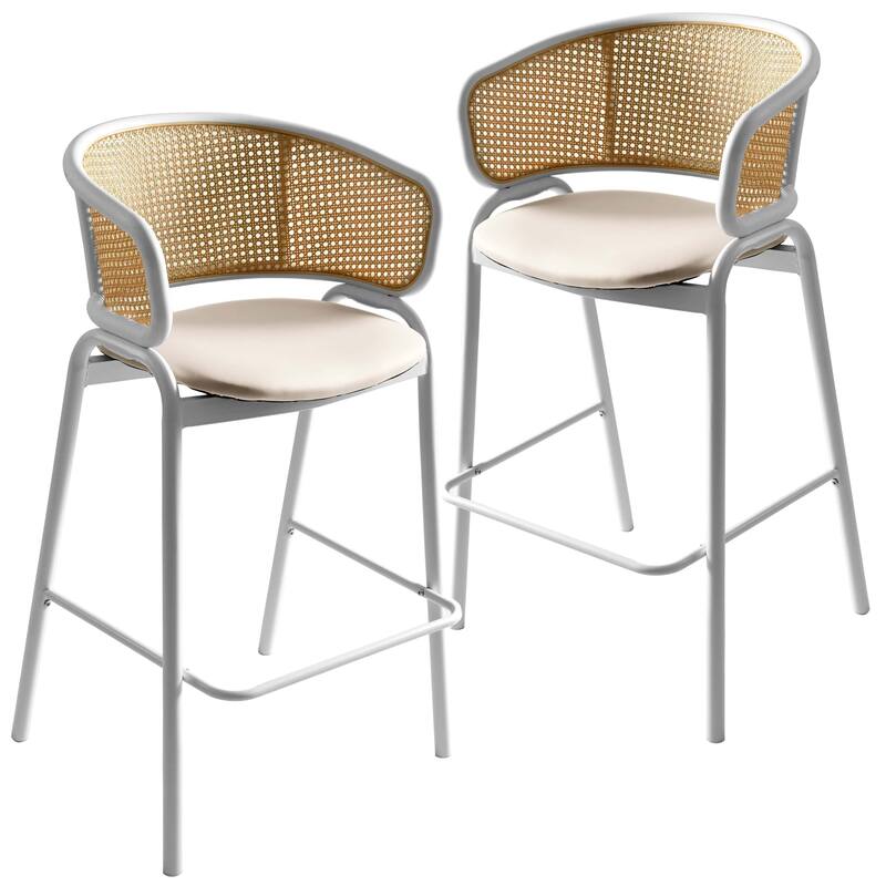 LeisureMod Ervilla Set of 2 Modern Wicker Leather Bar Stool with Curved Back & White Steel Frame for Home Office Dining Room - White