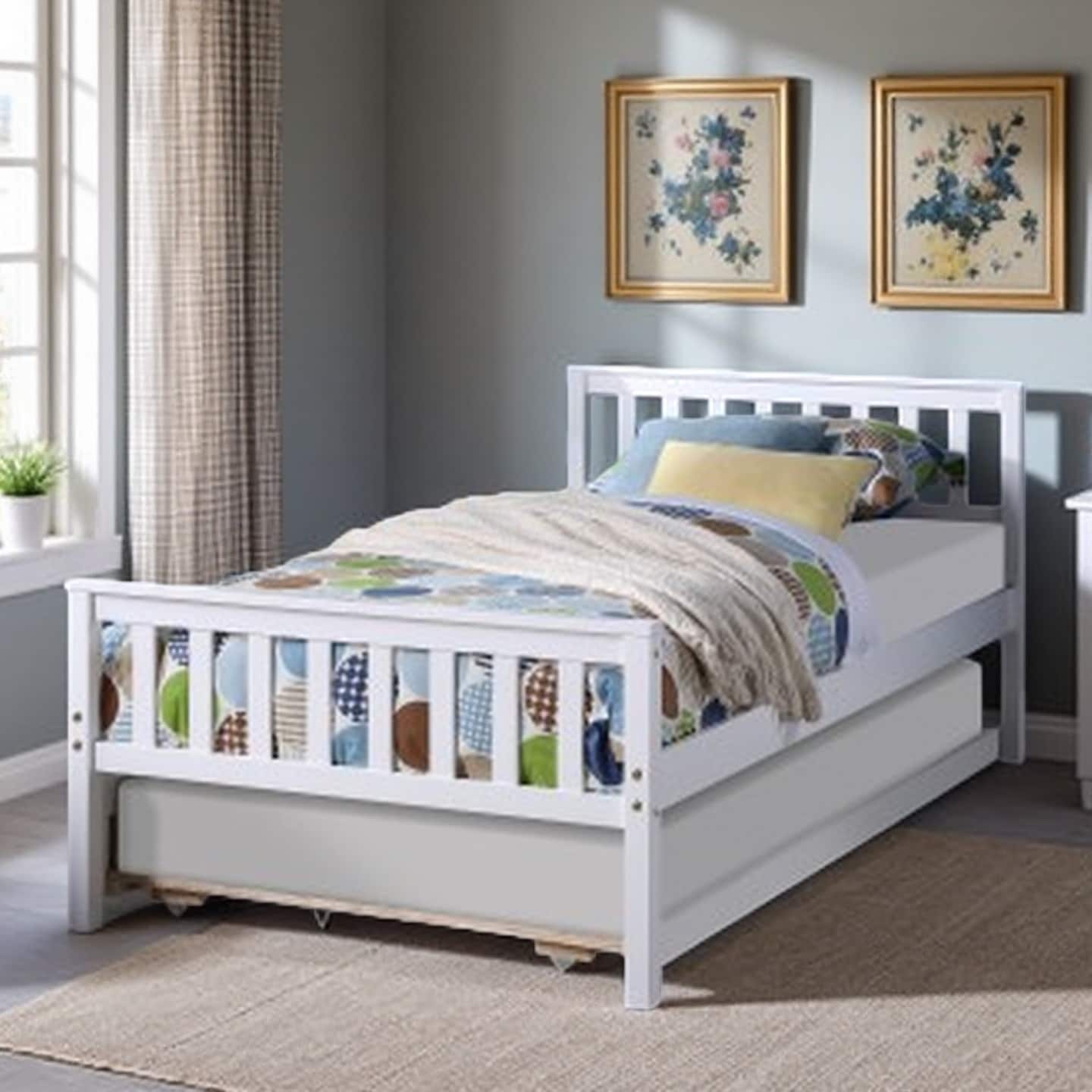 Twin Size Platform Bed with Pull-Out Trundle, Wooden Frame with Headboard & Footboard - Space-Saving Design