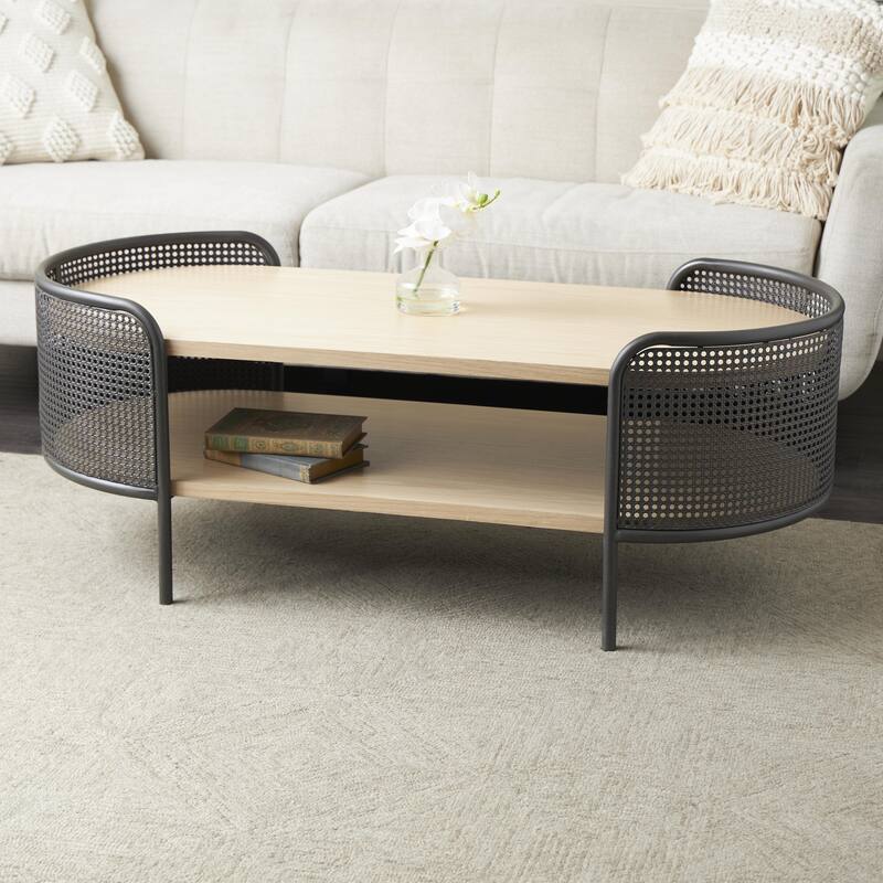 Light Brown Wooden Oval Two-Toned 1 Shelf Living Room Coffee Table with Mesh Side Panels and Brown Wood Tabletop - Light Brown