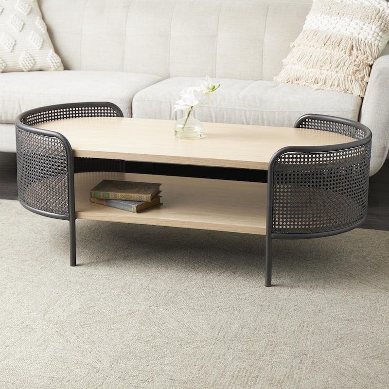 Wooden Oval Two-Toned Coffee Table with Mesh Side Panels and Brown Wood Tabletop - Light Brown - Roche River Decor