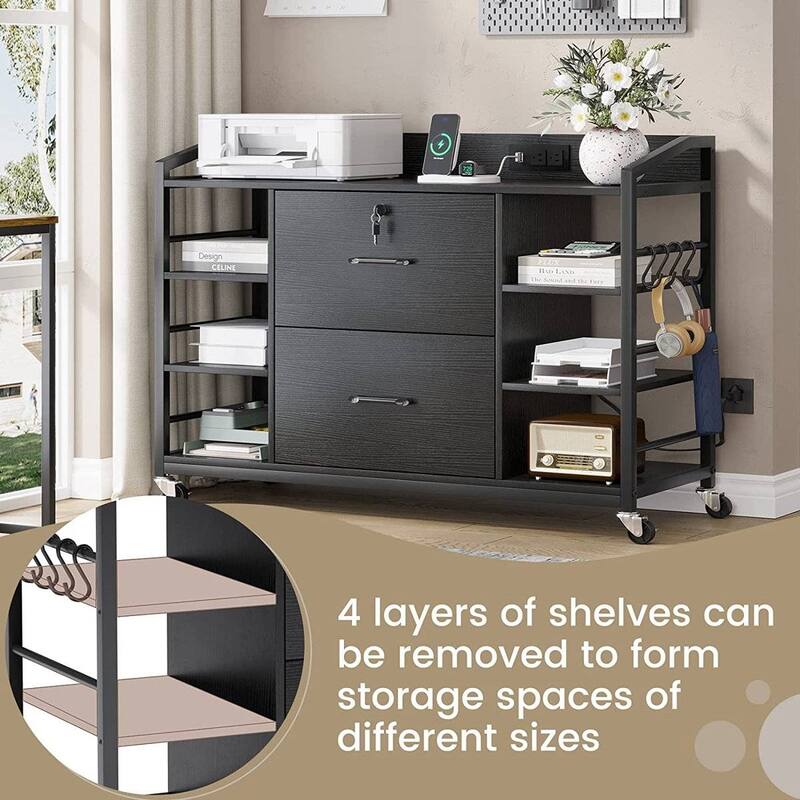 Solid Wood Printer Stand Bookcase with Lock and Power