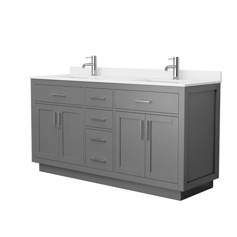 Beckett TK 66-inch Double Vanity, Single Hole Quartz Top - Dark Gray, Nickel Trim, White Quartz Top