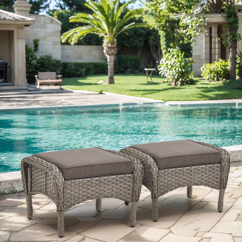 2 Pieces All Weather Rattan Wicker Ottoman Seat - Grey - Grey