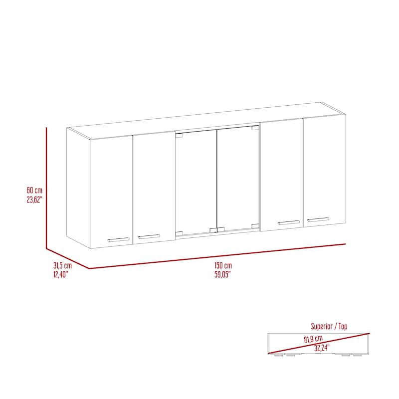 TUHOME Superior 150 Wall Cabinet with Glass Doors, 2 Double Cabinets, 4 Inner Shelves, Dish Rack and Cup Rack - N/A