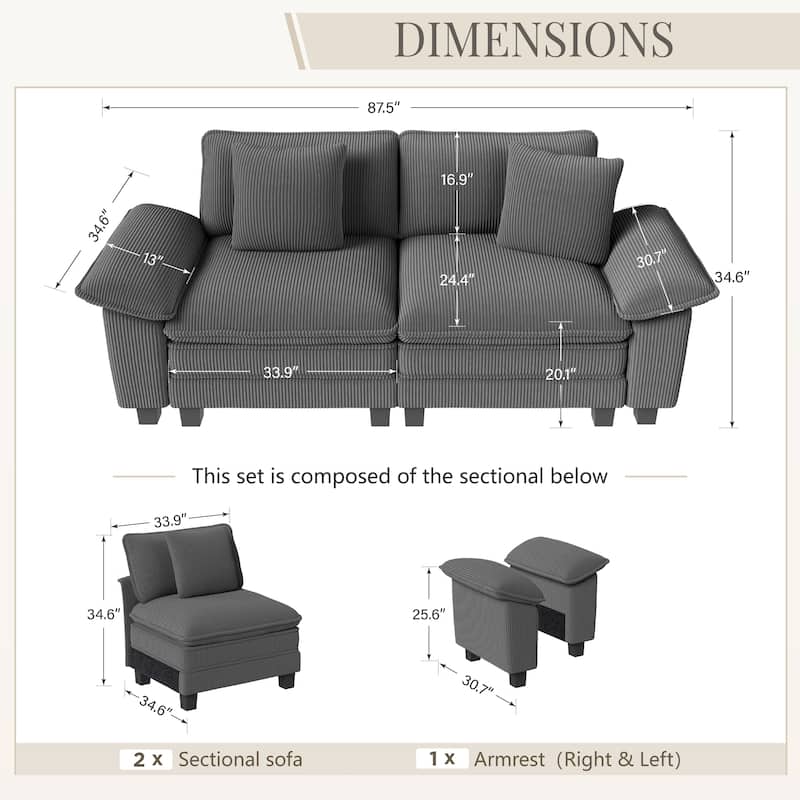 MAISON ARTS Cloud Modular Deep Seat Sofa, Chenille or Corduroy Sectional Couch with Removable Arms, 1–4 Seater