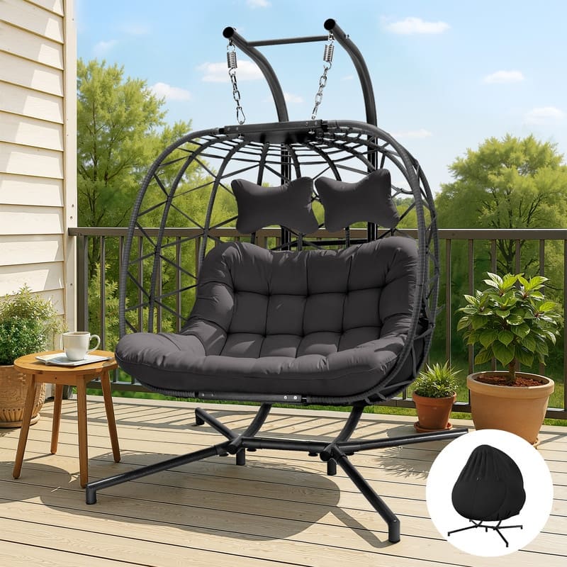 Oversized Outdoor Double Egg Hanging Chair with Cushions, 700 lbs Capacity Swing Chair for Indoor or Patio - Dark Grey/Cover