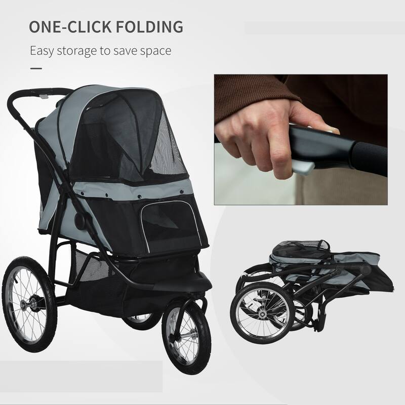 PawHut Pet Stroller for Small and Medium Dogs, 3 Big Wheels Foldable Cat Stroller with Adjustable Canopy