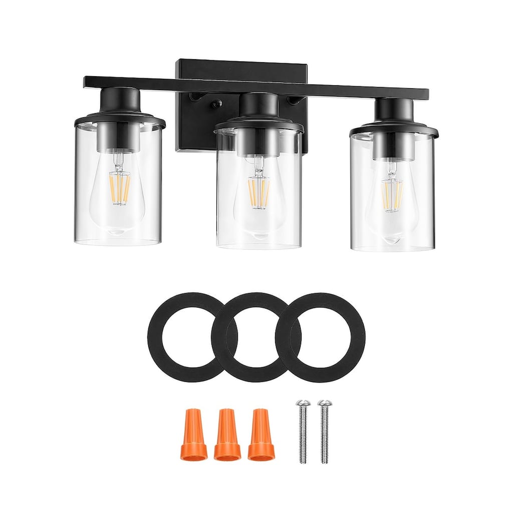 Modern 3-Light Bathroom Vanity Fixture with Black Metal Frame and Clear Glass Shades E26 Ceramic Socket