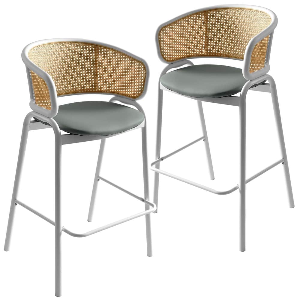 Ervilla Modern Leather Bar Stool with Curved Wicker Back & White Powder-Coated Finish Frame for Home Dining Room (Set of 2)