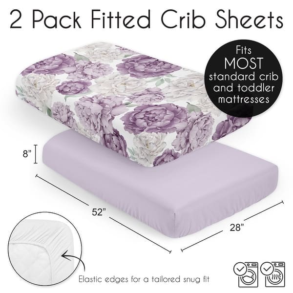 Sweet Jojo Designs Boho Shabby Chic Floral Girl 2 Pack Fitted Crib Sheets Solid Purple Ivory Bohemian Vintage Watercolor Elegant