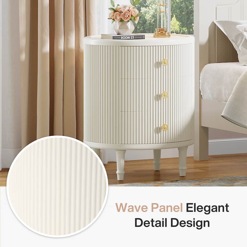 Nightstand with 3 Drawers, Farmhouse Night Stand with Storage for Bedroom, Beige White