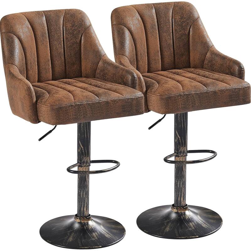 VECELO Set of 2 Adjustable Height Barstool with Footrest and Back Upholstered Bar or Counter Height Stool and Parts - Brown