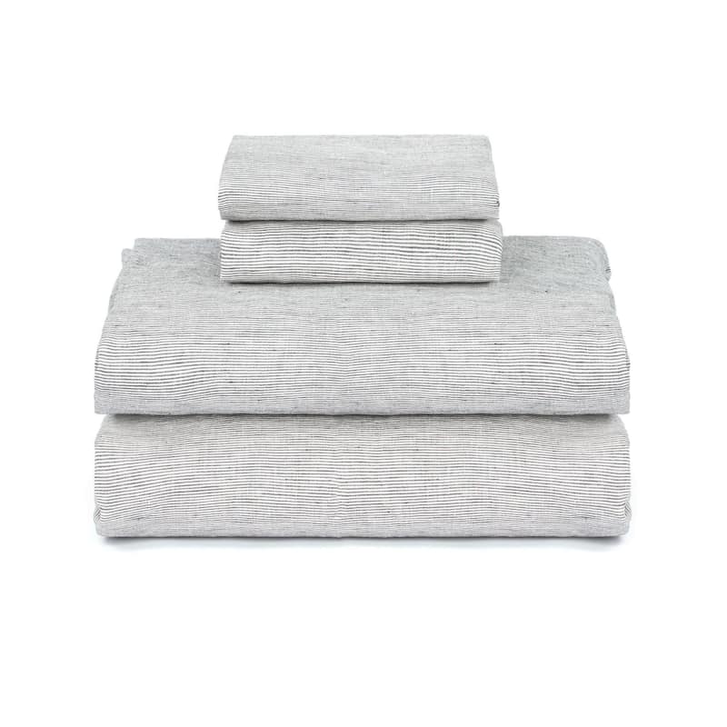 100% French Linen Sheet Set by BOKSER HOME - King - Shadow Pinstripe