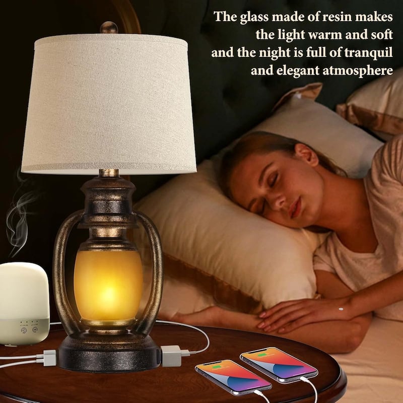 Set of 2 Table Lamps with 2 USB Port and Outlet,Farmhouse Table Lamps,Cottage Nightstand Lamps with Nightlight Miner Lantern