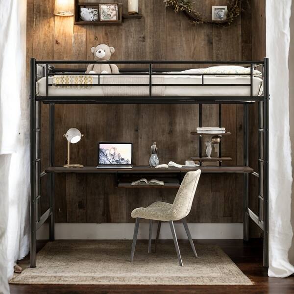 slide 2 of 12, Full Loft Bed with Desk & Shelves, Black Black