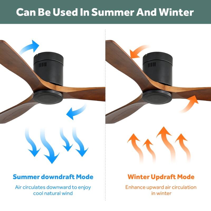 52'' Flush Mount Ceiling Fan with DC 3 Carved Wood Blades and Remote Control, without Light - 52''×52''×10.24''