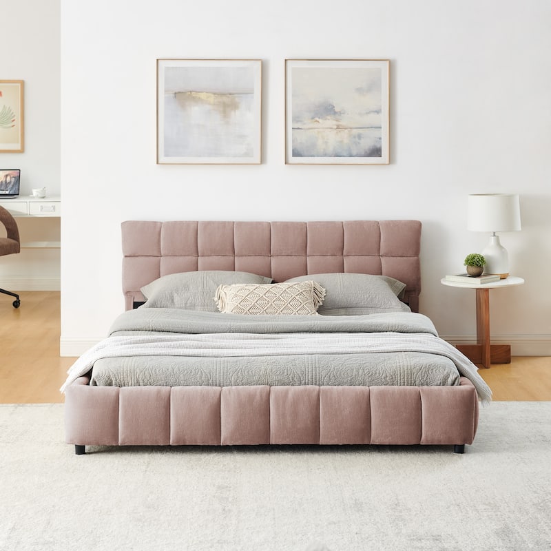 Block Thick Chenille Low Profile Platform Bed Fabric Upholstered Bedframe with Headboard Solid Wood Frame - Optional Storage Bed