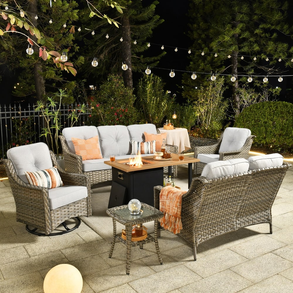 HOOOWOOO 6-piece Wicker Outdoor Conversation Set Swivel Chairs with Fire Pit