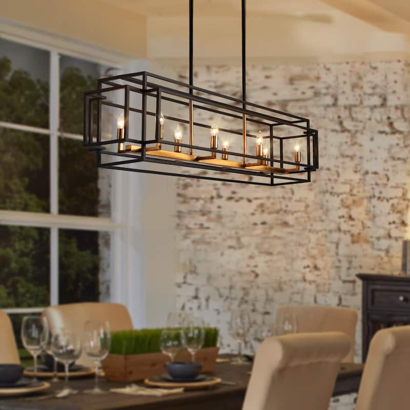 Modern 8-Light Black Gold Chandelier Linear Pendant Light for Kitchen Island - N/A