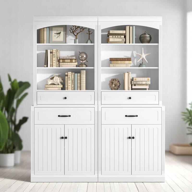 Large White Bathroom Cabinet with Adjustable Shelves, 4 Drawers, 4 Doors & Open Storage, 63'' Wide MDF Unit - White