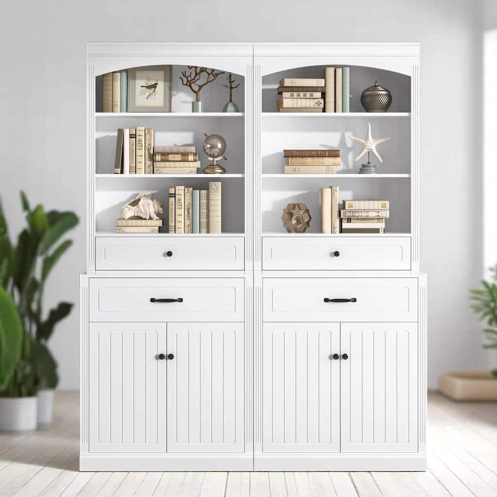 Large White Bathroom Cabinet with Adjustable Shelves, 4 Drawers, 4 Doors & Open Storage, 63'' Wide MDF Unit