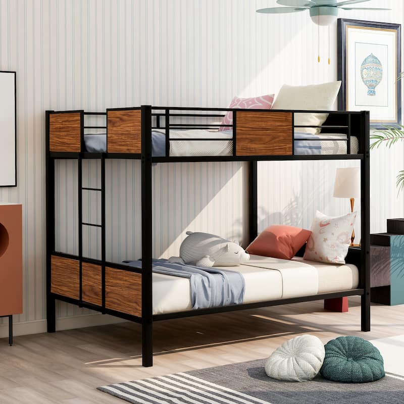 Full-over-full bunk bed modern style steel frame bunk bed with safety rail, built-in ladder