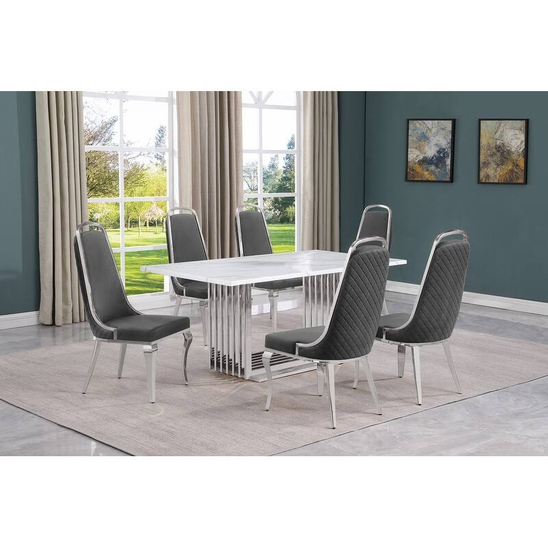 Best Quality Furniture D310/1-SC310-7 Dining Set with 68" White Marble Top - 7-Piece - Dark Grey / Silver
