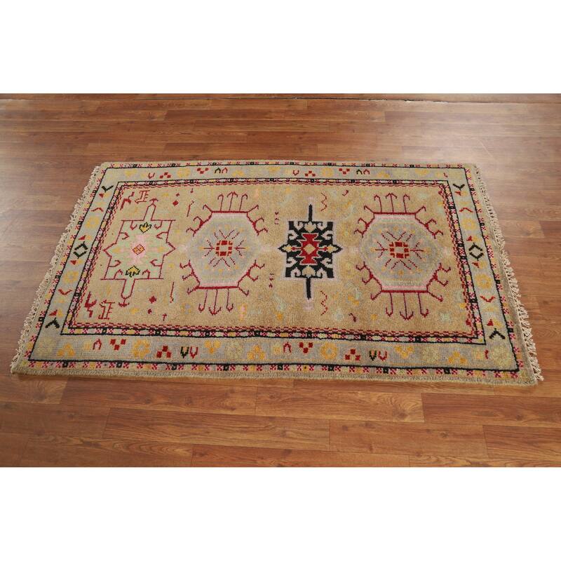 Hand Knotted Oriental 100% Wool Carpet Transitional Geometric Yellow & Gold Khotan Area Rug - 4' 11'' X 3' 1''
