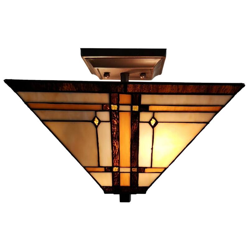 Tiffany Style Ceiling Fixture Lamp Mission 14" Semi Flush Mount Wide Stained Glass Tan Bedroom Gift Amora Lighting
