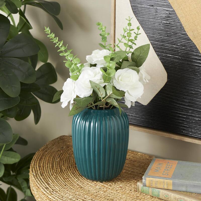 White Fabric Artificial Flower with Green Leaves and Round Ceramic Vase - White