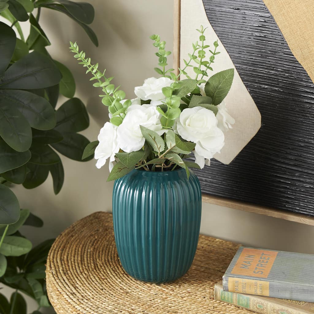 White Fabric Artificial Flower with Green Leaves and Round Ceramic Vase