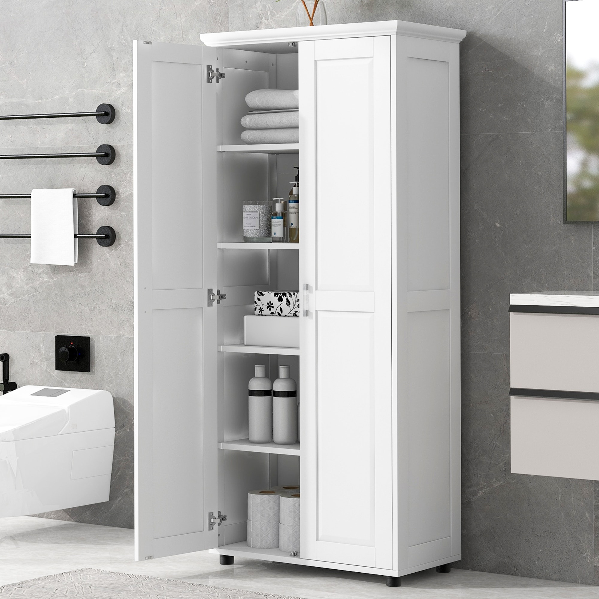 American Style Simple Bathroom Cabinet Storage Cabinet with Adjustable Shelves and 5 Storage Compartments, for Bathrooms, White