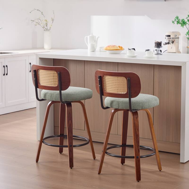 GDFStudio - Renley Rustic 26" Rattan Cane Back 360° Swivel Counter Height Bar Stools