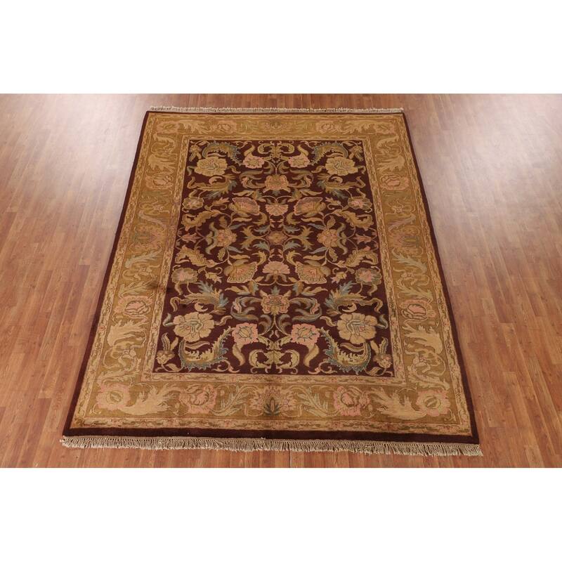 Burgundy Floral Agra Indian Area Rug Handmade Wool Carpet - 7'11"x 9'11"
