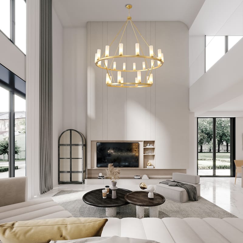 24 - Light 2 - Tier Gold Wagon Wheel Chandelier, 48.6" Wide, Frosted Glass Shades - Brushed Brass