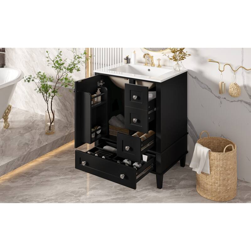 GDFStudio - Faraday Modern Freestanding Bathroom Vanity with Ceramic Sink, Double-Layer Shelf and Soft Close Drawers & Door