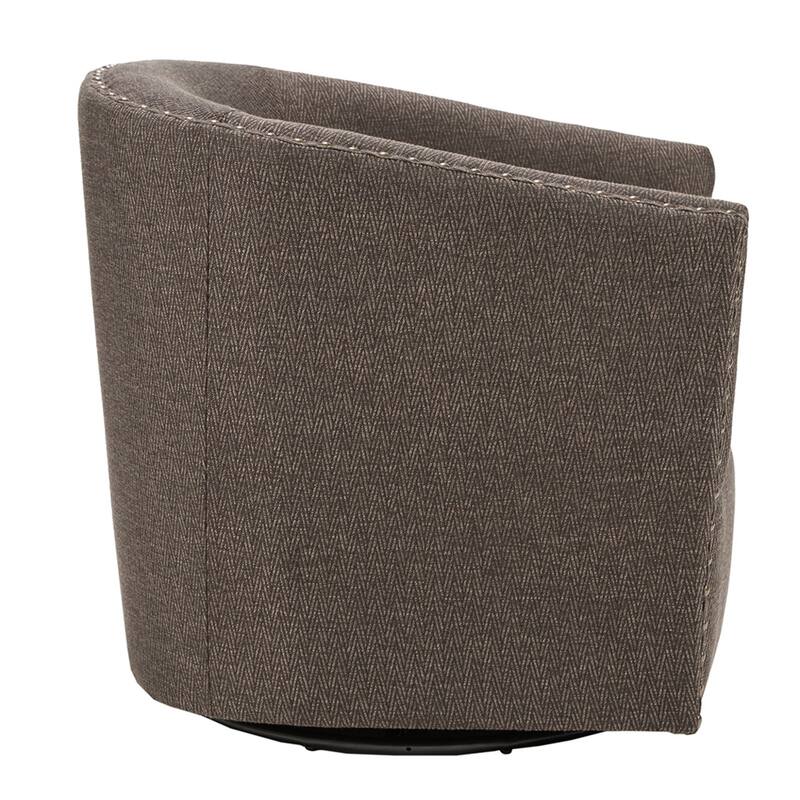 Roomfitters Swivel Accent Chair, Upholstered Barrel Armchair with 360 Degree Metal Base and Nailhead Trim