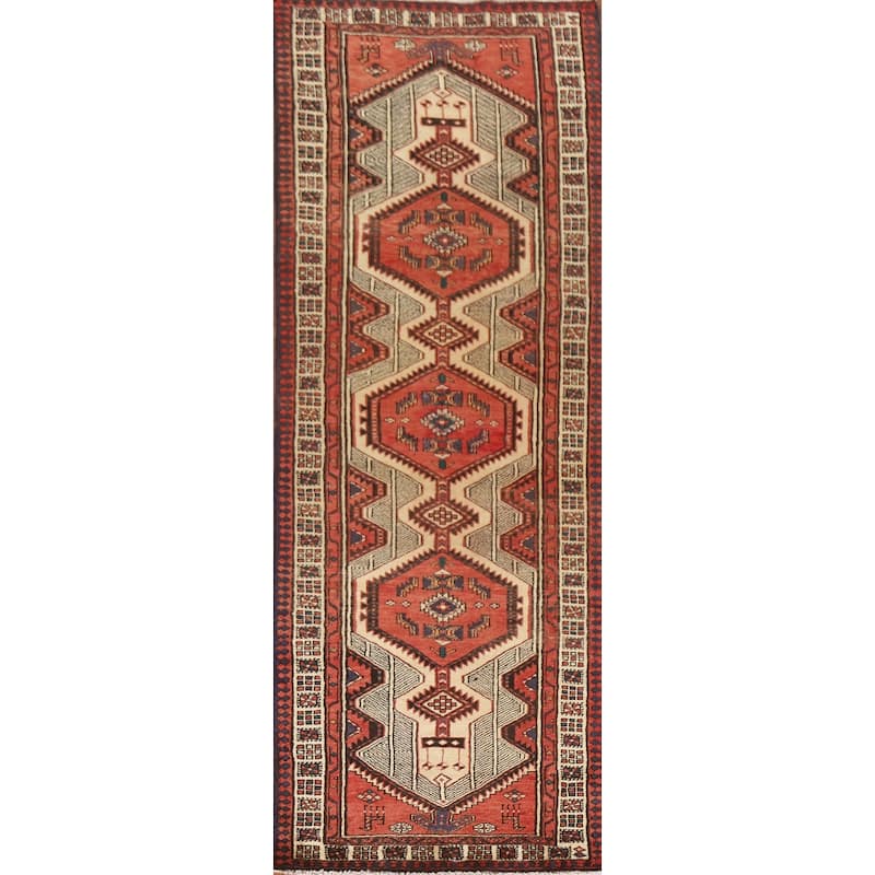 Geometric Ardebil Persian Vintage Runner Rug Handmade Wool Carpet - 3'3"x 10'1"