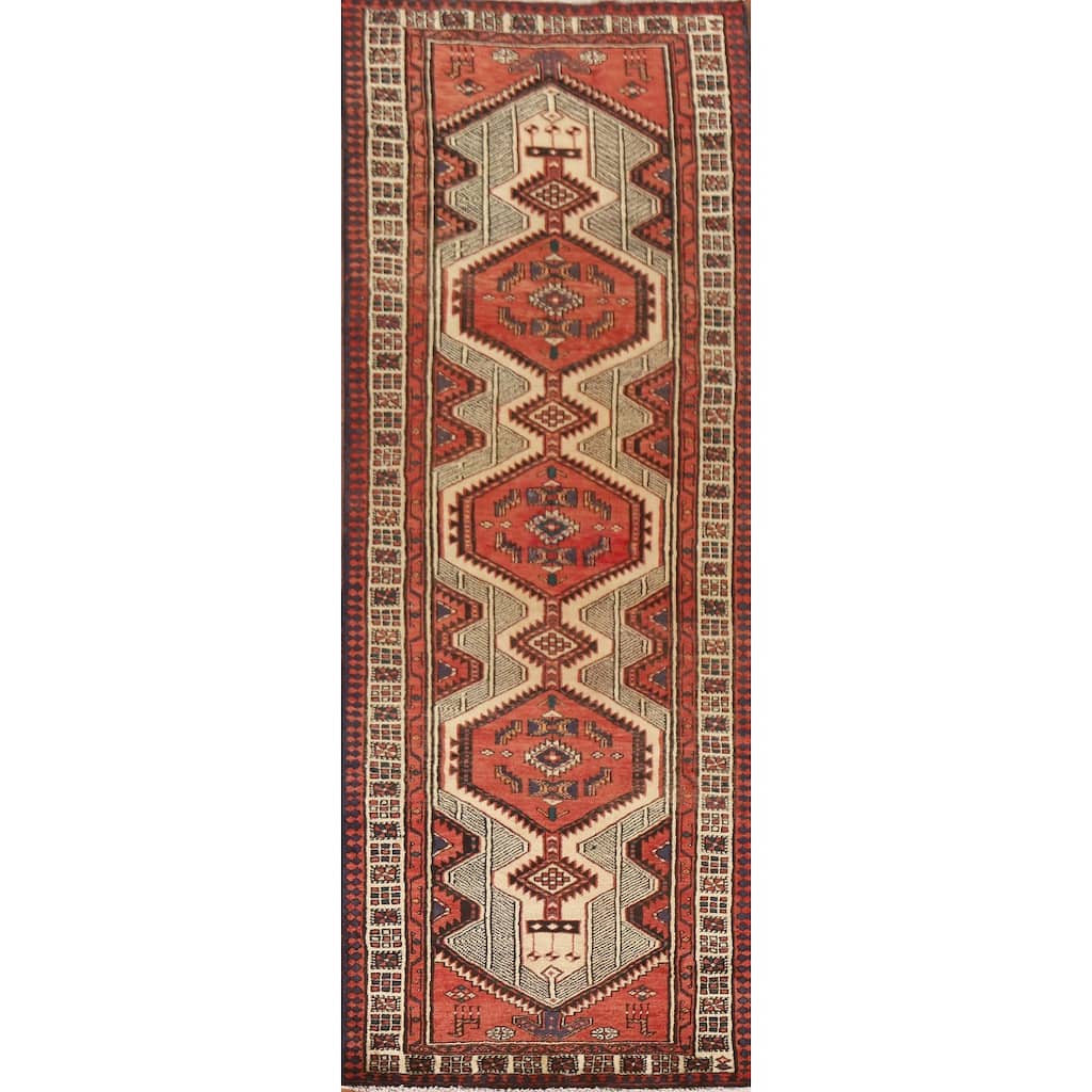 Geometric Ardebil Persian Vintage Runner Rug Handmade Wool Carpet - 3'3"x 10'1"