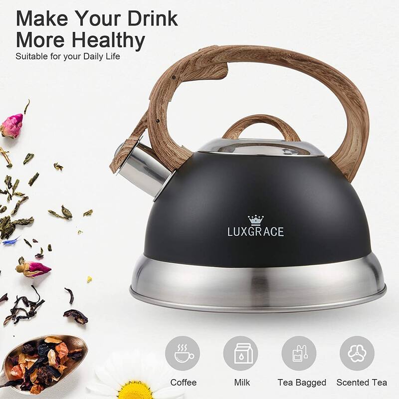 Creative Home 2.3 Qt. Stainless Steel Whistling Tea Kettle Teapot with Ergonomic Wood Rubber Touching Handle, Opaque Black