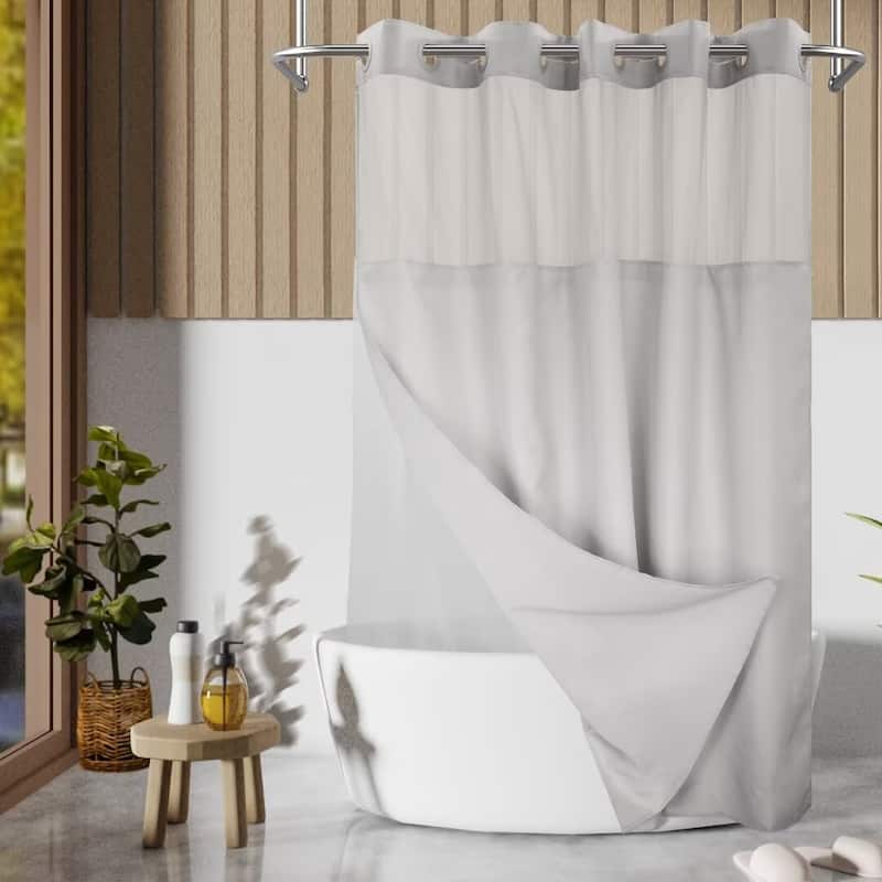 No Hook Slub Linen Texture Shower Curtain with PEVA Snap-in Liner