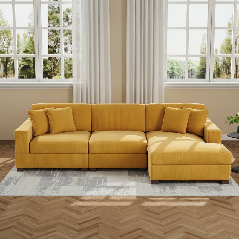 Upholstered Oversized Modular Sectional Sofa Set Corduroy Sleeper Sofa With Chaise - Orange-Right Facing - Right Facing