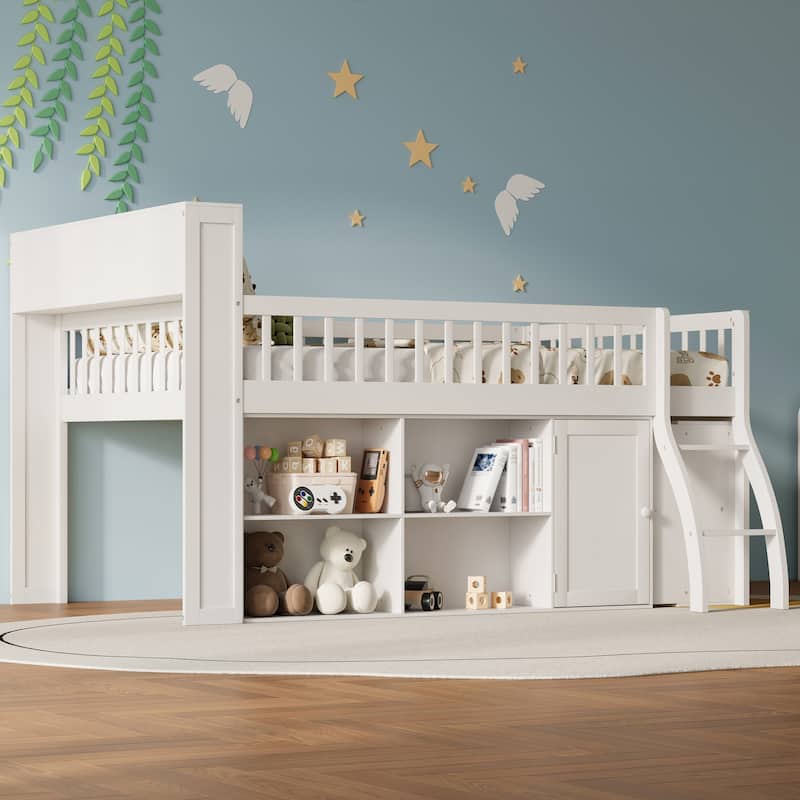 GDFStudio - PureSpace Modern Wooden Loft Bed with Storage and LED Headboard