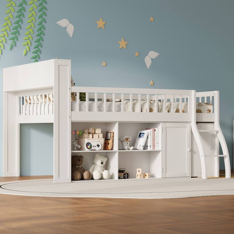 Storage Loft Bed with LED Headboard, Queen or Full Size High Sleeper Frame with Shelves