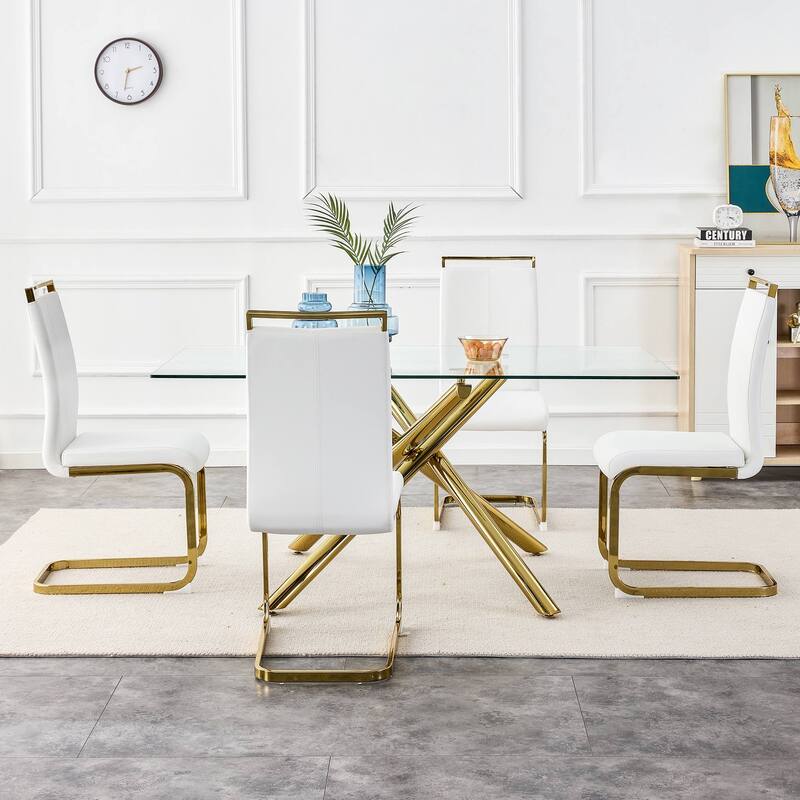 Modern Dining Chairs PU Faux Leather High Back Upholstered Side Chair with Golden C-shaped Tube Chrome Metal Legs