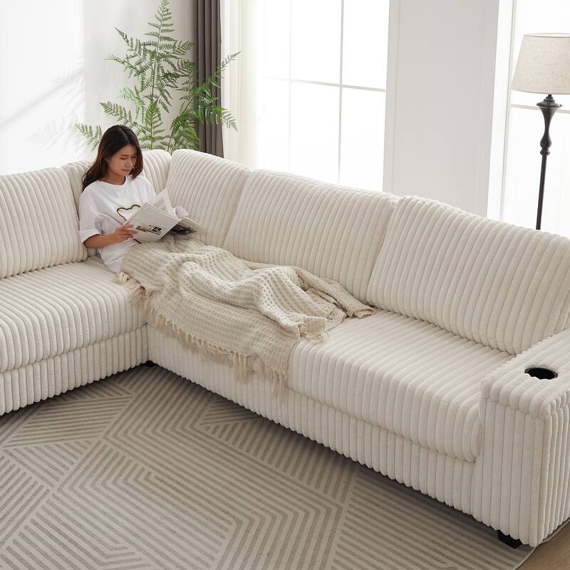 110" Corduroy L-Shaped Sectional Sofa with Storage, USB Charging and Cup Holders
