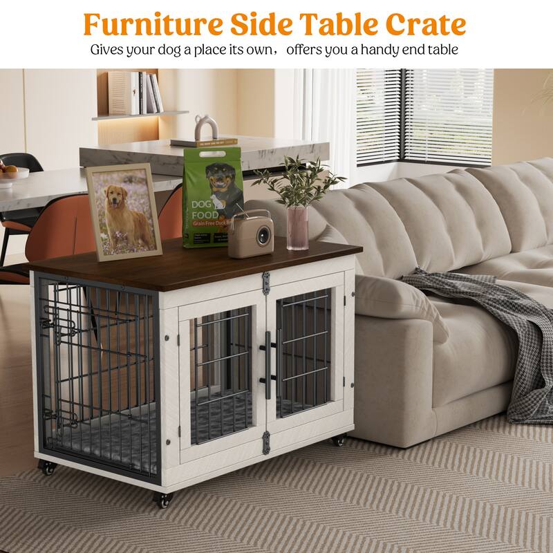 Dog Crate Indoor Heavy Duty Double Doors Wooden Dog Cage with Cushion